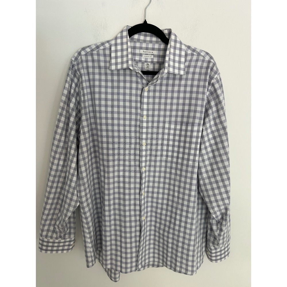 Van Heusen Mens Classic Fit Gingham Button Down Shirt Grey White 16.5 34/35
